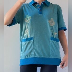 Teal Polo with Floral Embroidery